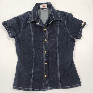 Fiorucci Dark Denim Short Sleeve Shirt with Yellow Buttons Y2k Italy